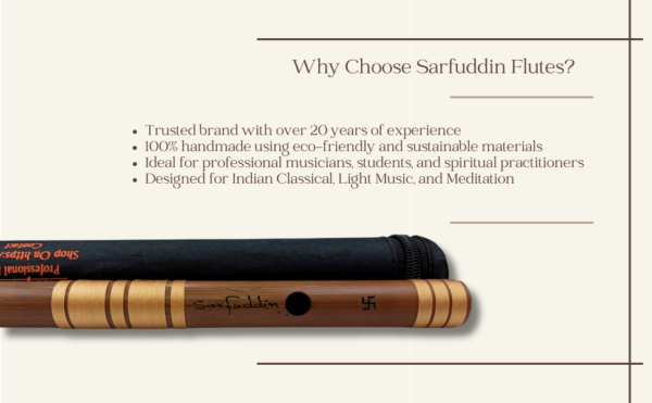 Sarfuddin Flutes B Natural Base 21 Inches Oil Treated Fry Bamboo Handmade Traditional Flute Bansuri Tuned 440Hz With Carry Bag
