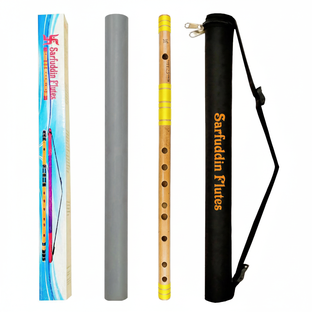 yellow Sarfuddin Flutes A Natural Shruti 6 Carnatic/South Indian Professional Quality Bamboo Handmade Traditional Flute Size: 26 inches Bansuri With Carry Bag